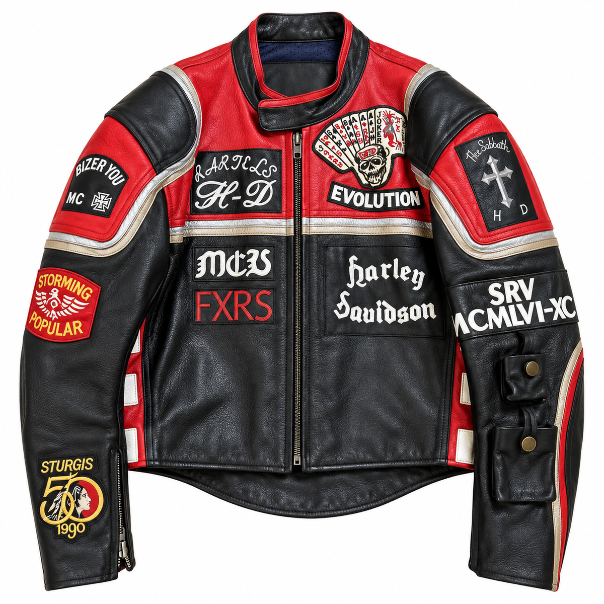 Men's red and black leather motorcycle jacket with vintage biker racing style