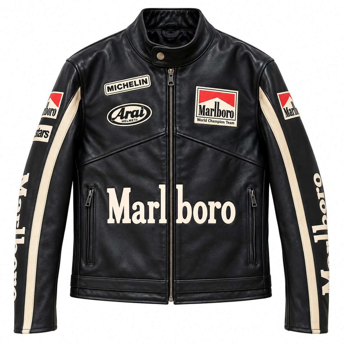 Men's black leather motorcycle racing jacket with vintage motorsport design