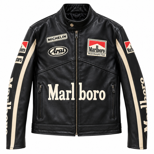 Men's black leather motorcycle racing jacket with vintage motorsport design