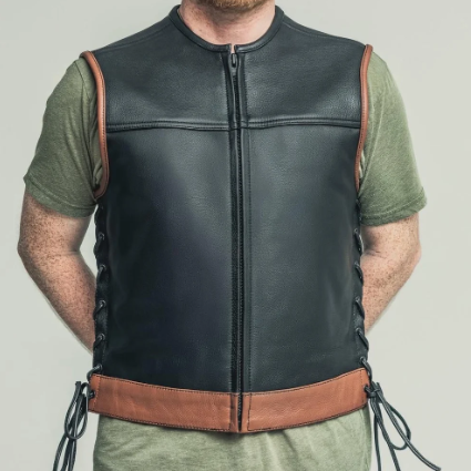 Men’s Black & Brown Leather Motorcycle Vest – Custom Biker Vest