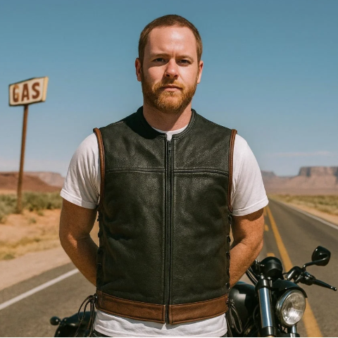 Men’s Black & Brown Leather Motorcycle Vest – Custom Biker Vest