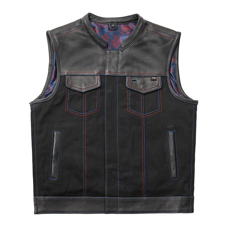 Men's black denim and leather motorcycle biker vest with red and blue stitching
