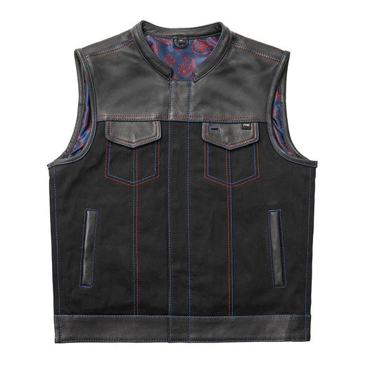 Men's black denim and leather motorcycle biker vest with red and blue stitching