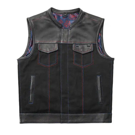 Men's black denim and leather motorcycle biker vest with red and blue stitching
