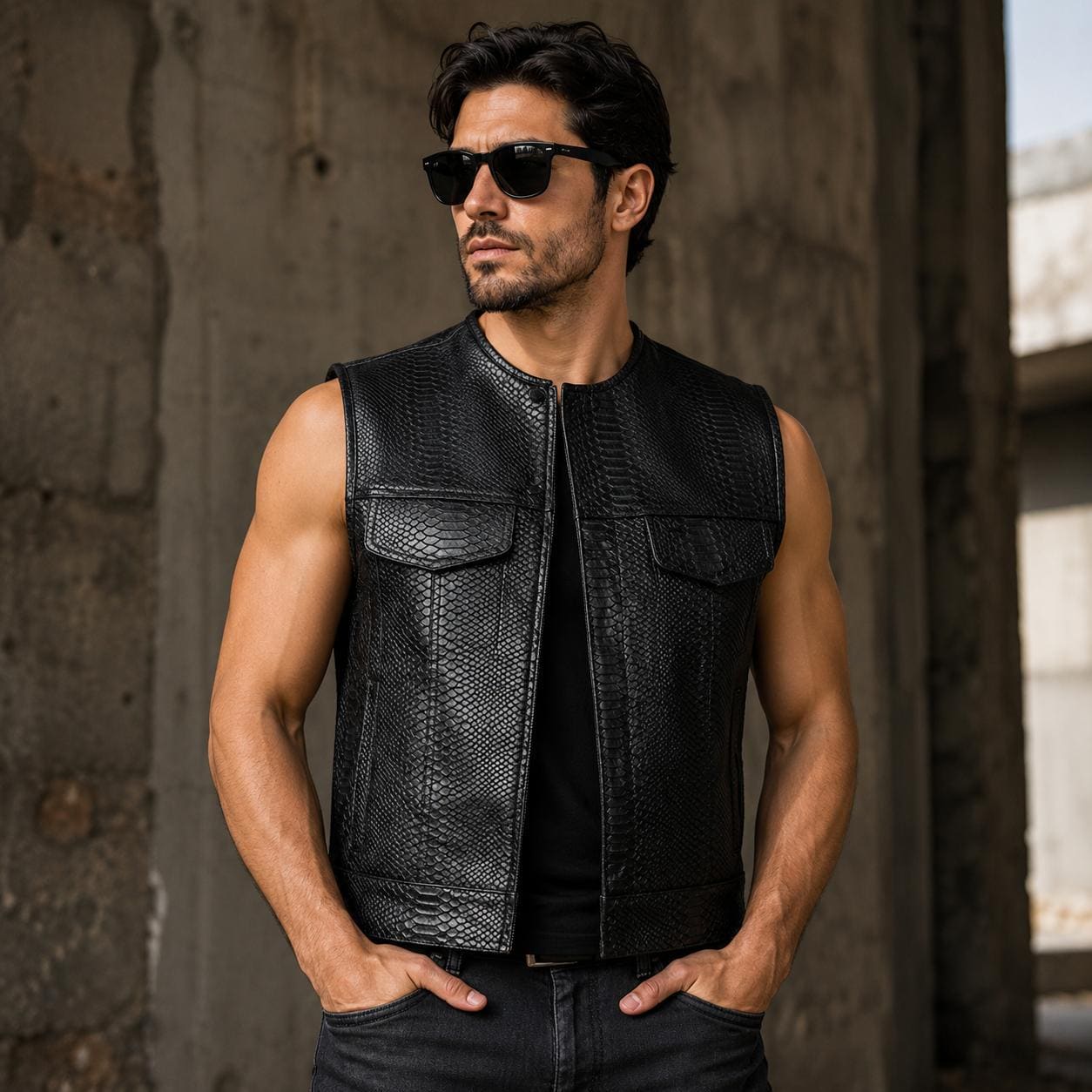 Men’s Black Embossed Leather Motorcycle Vest | Premium Biker Vest