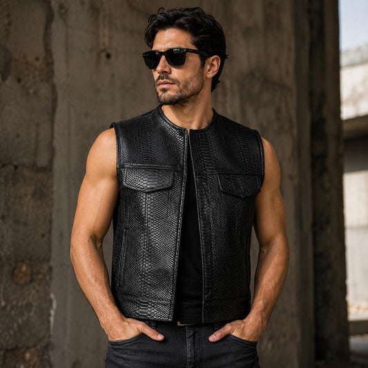Men’s Black Embossed Leather Motorcycle Vest | Premium Biker Vest