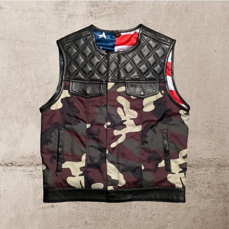 Men’s Black Leather Camo Motorcycle Vest | Quilted Biker Vest