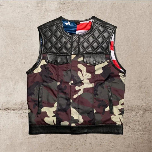 Men’s Black Leather Camo Motorcycle Vest | Quilted Biker Vest