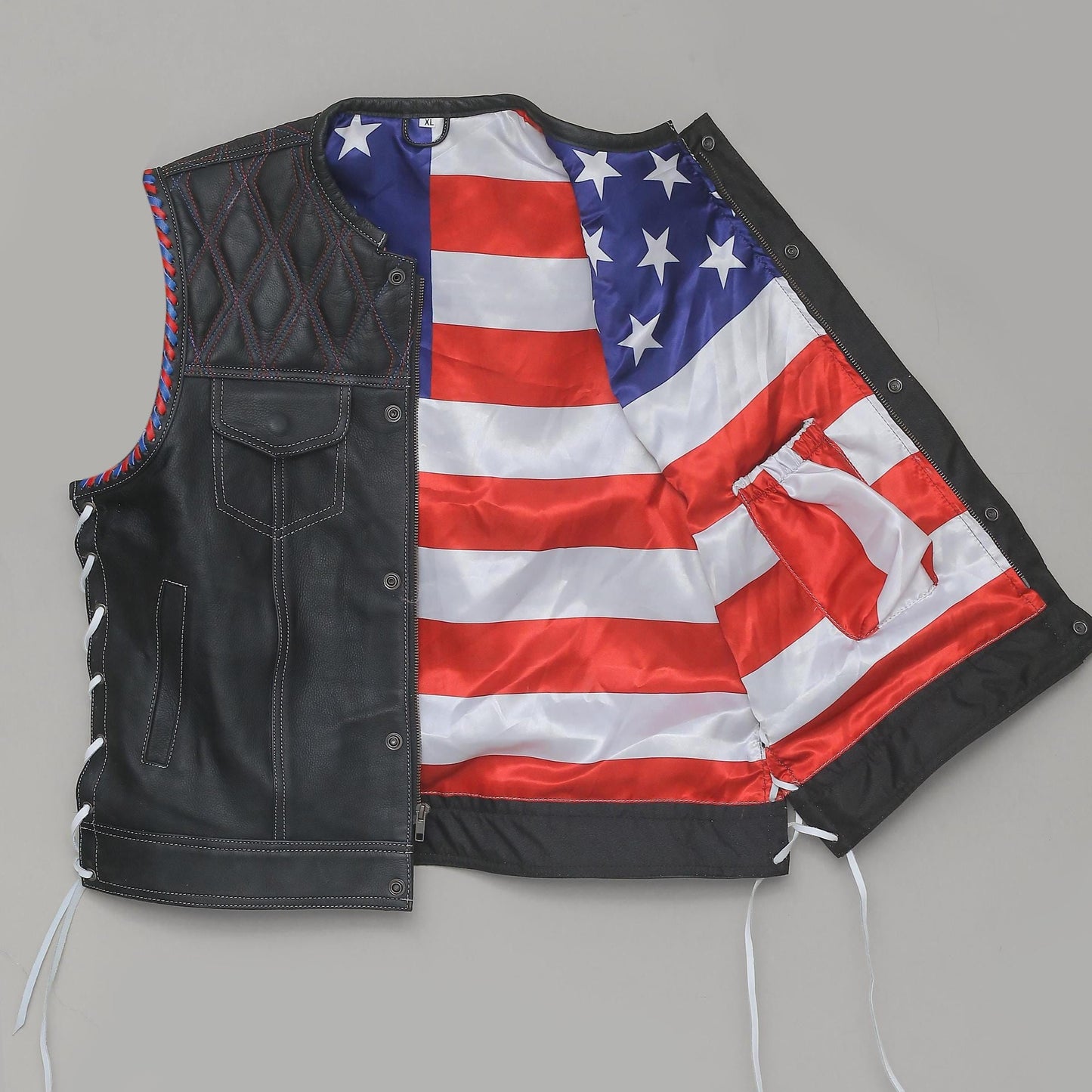 Men’s Black Leather Motorcycle Vest with American Flag Lining
