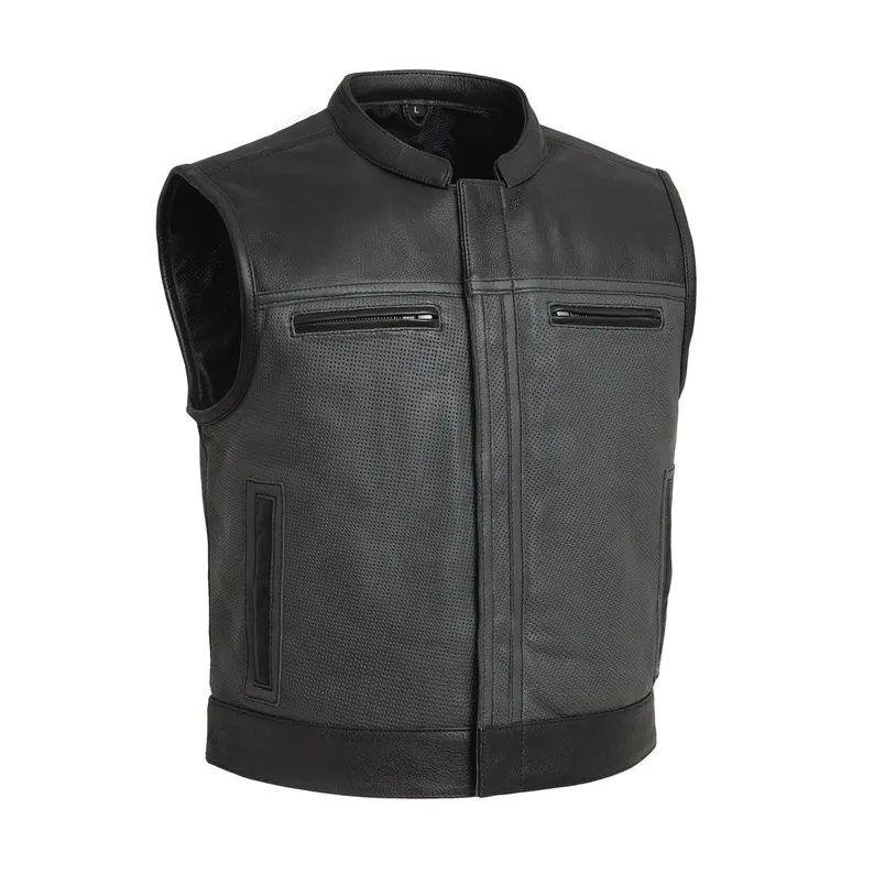 Black leather vest with textured design on a white background