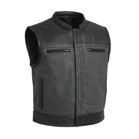 Black leather vest with textured design on a white background