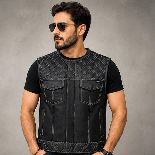 Men’s Black Leather Motorcycle Vest | White Diamond Quilted Biker Vest