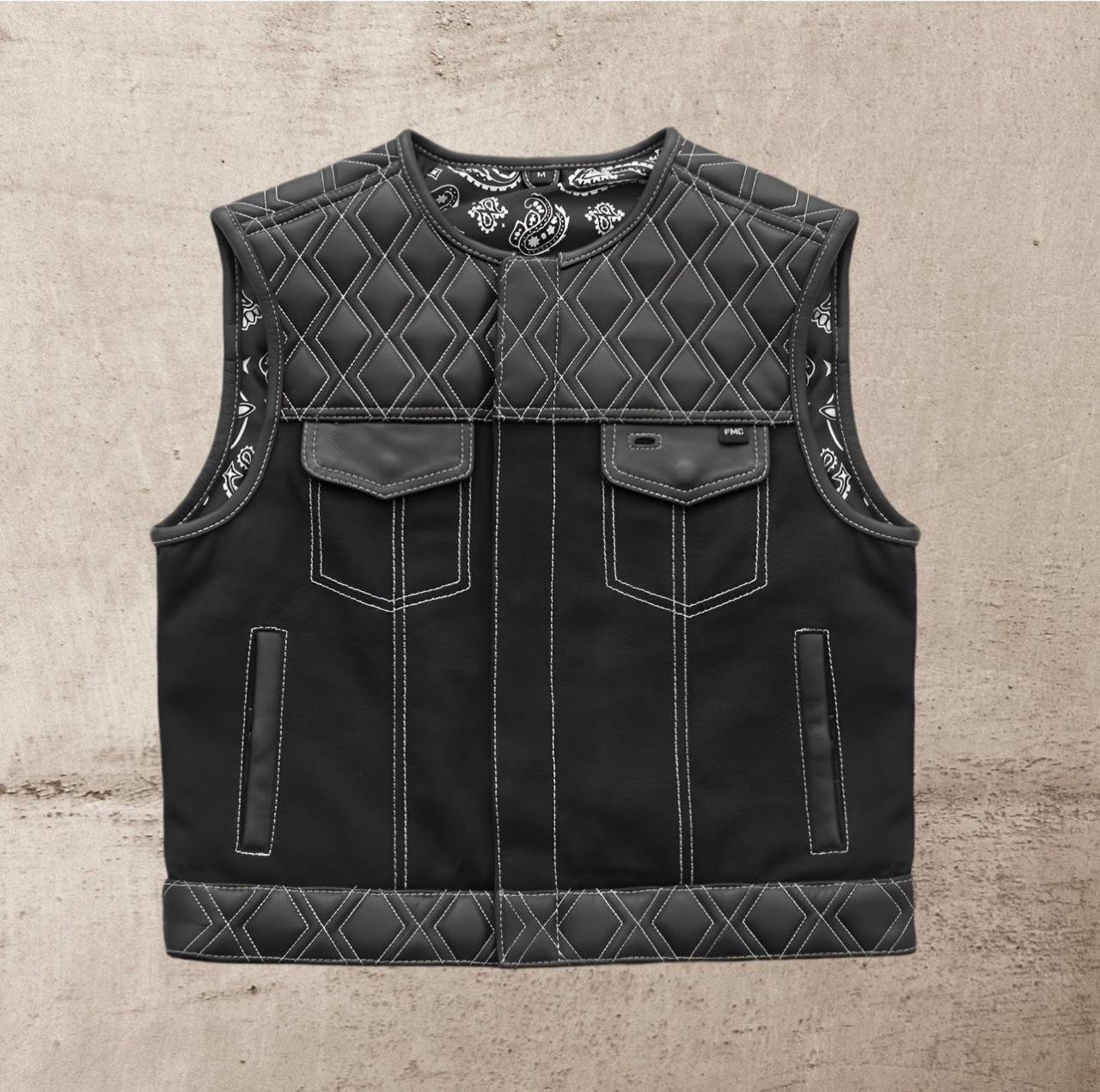 Men’s Black Leather Motorcycle Vest | White Diamond Quilted Biker Vest