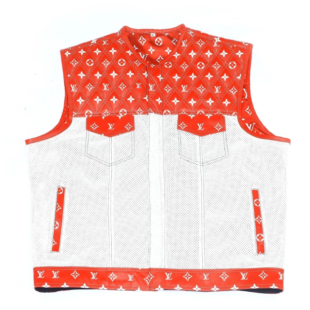 Men’s Leather Motorcycle Vest – Red & White Custom Biker Vest