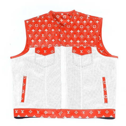 Men’s Leather Motorcycle Vest – Red & White Custom Biker Vest