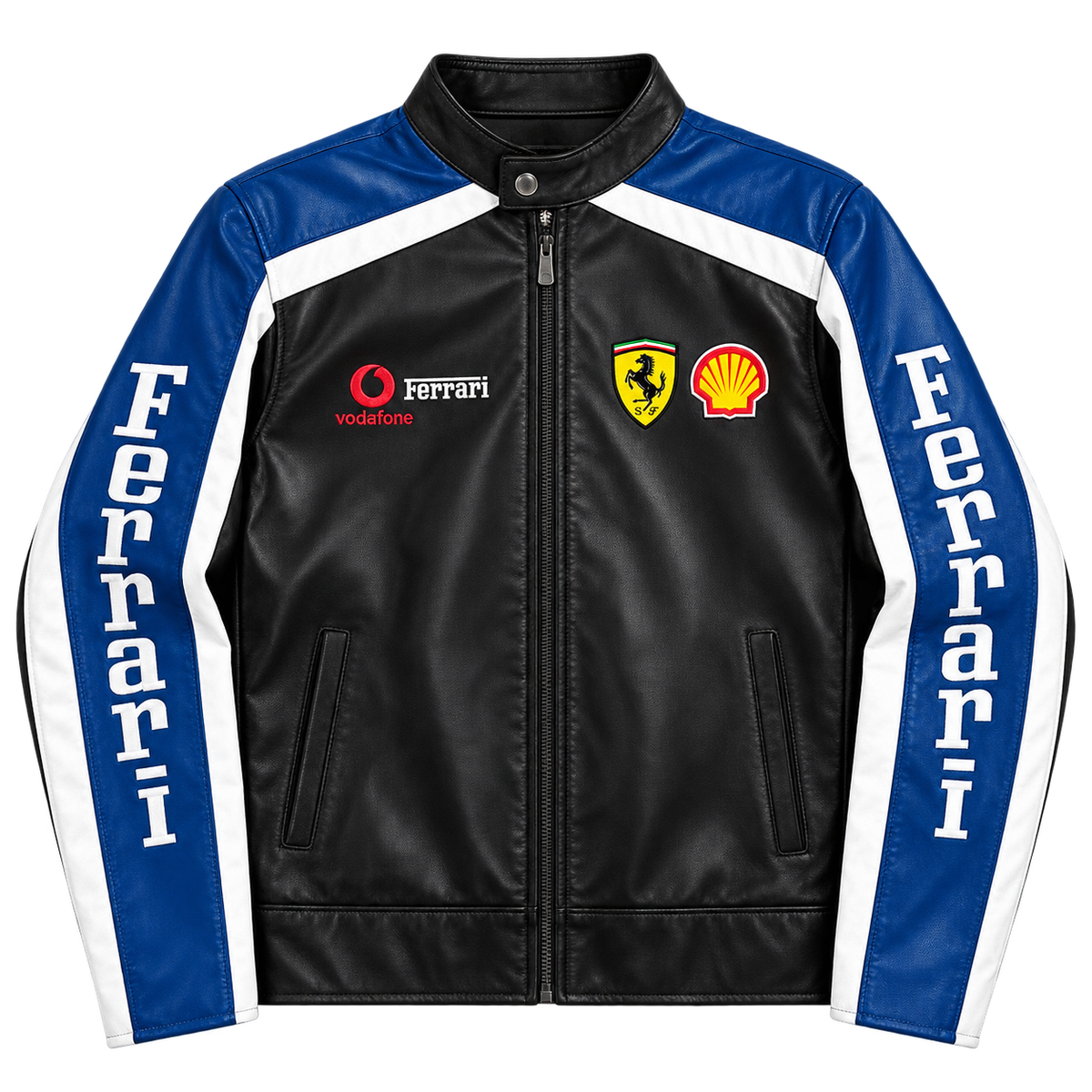 Men’s black blue white leather racing jacket motorsport biker motorcycle jacket