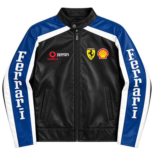 Men’s black blue white leather racing jacket motorsport biker motorcycle jacket