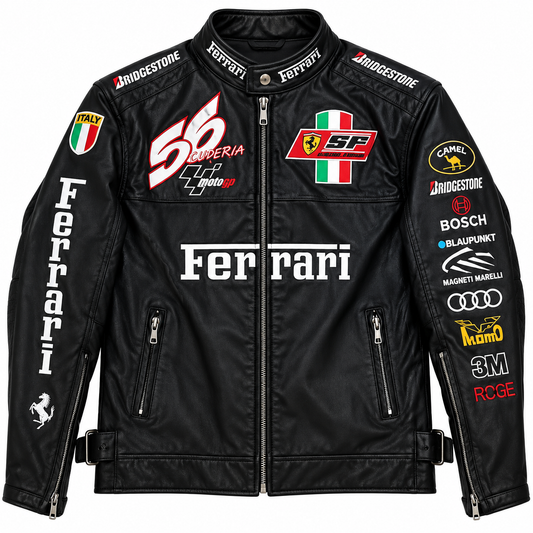 Men's black leather racing jacket motorsport biker motorcycle jacket