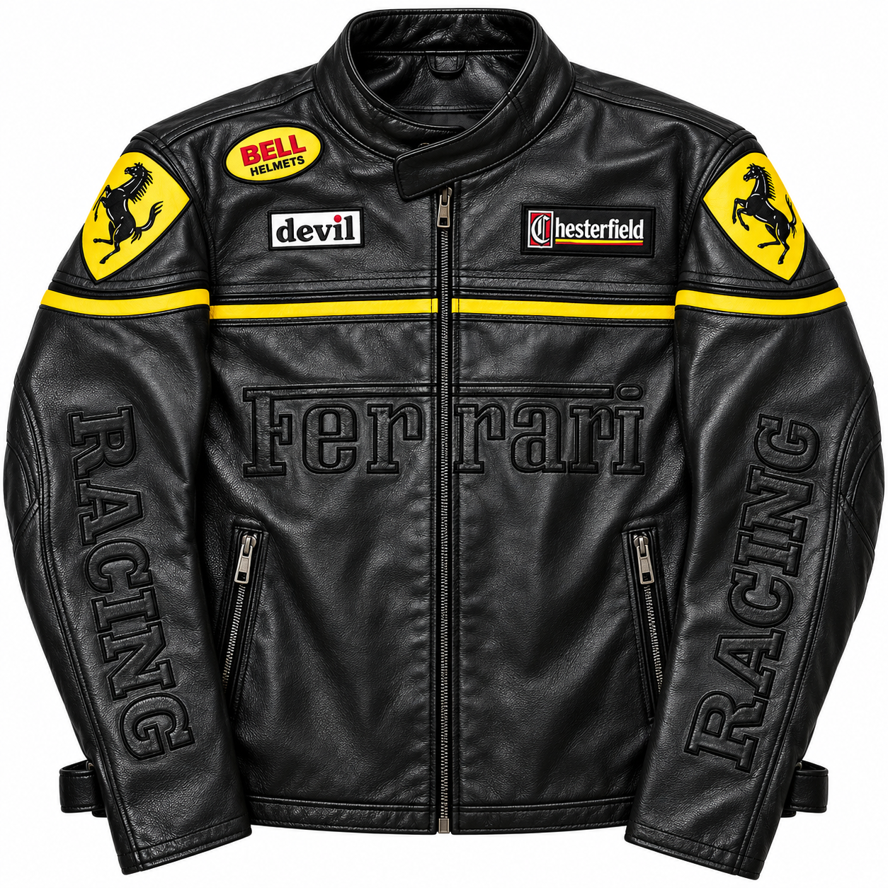 Men’s black leather racing jacket with yellow motorsport details and biker style