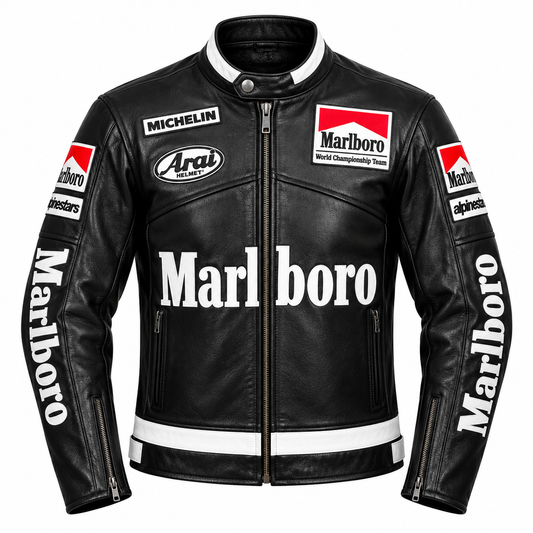 Black leather motorcycle jacket with prominent white and red Marlboro logos, featuring sponsor patches including Michelin and Arai, set against a plain white background.