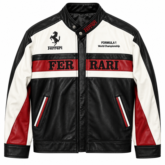 Men's black red and white leather racing jacket motorsport motorcycle biker jacket