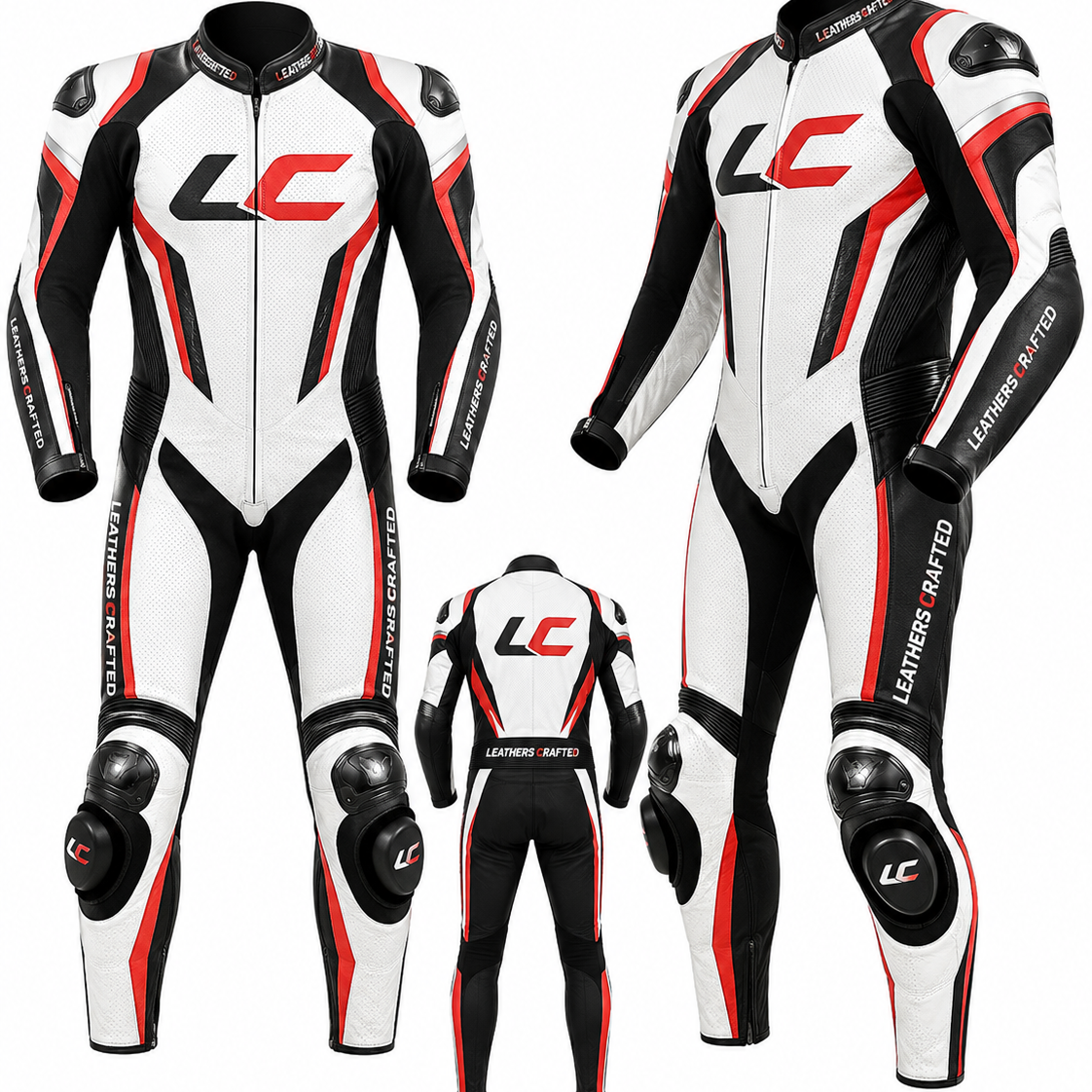 Leathers Crafted motorcycle racing suit with multiple views on a white background
