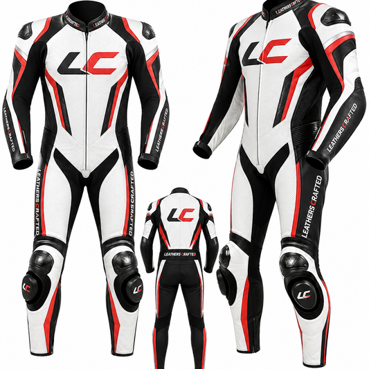 Leathers Crafted motorcycle racing suit with multiple views on a white background