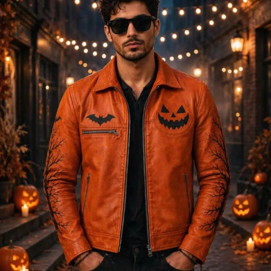 Man wearing orange leather Halloween jacket with black jack-o’-lantern face, bat print, and tree branches on the sleeves