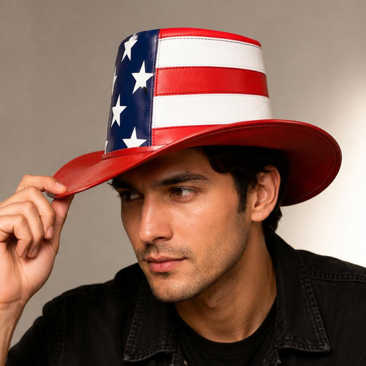Man wearing a patriotic hat with red, white, and blue colors on a neutral background
