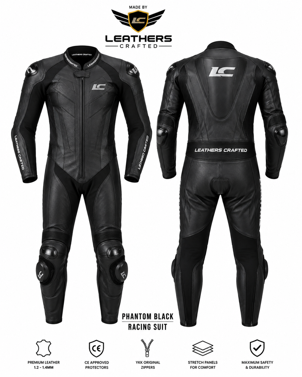 Phantom Black Motorcycle Racing Suit – Premium CE Armored One Piece Leather Track Suit | Leathers Crafted