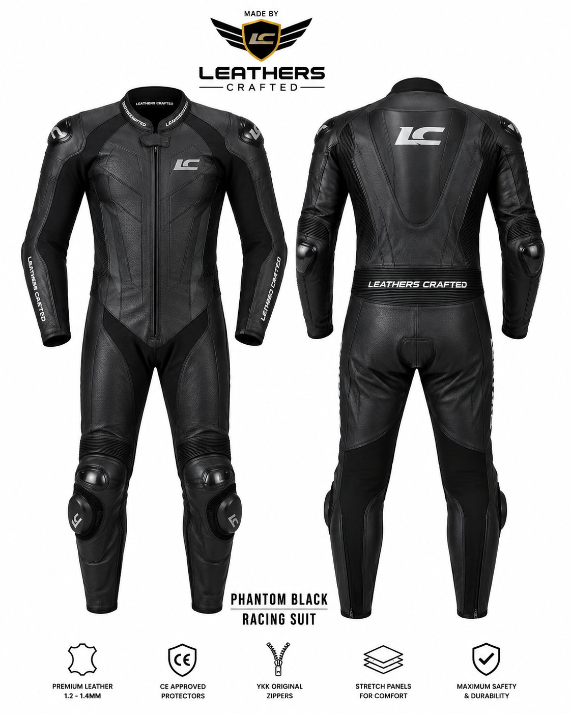 Phantom Black Motorcycle Racing Suit – Premium CE Armored One Piece Leather Track Suit | Leathers Crafted