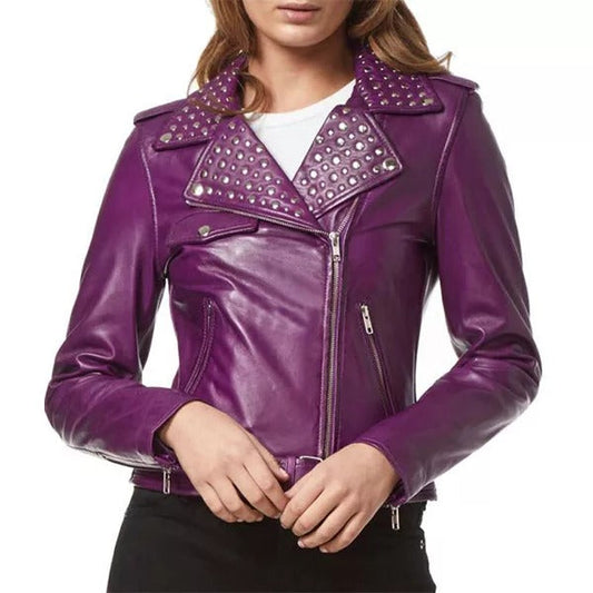 Women’s purple studded leather biker jacket with asymmetrical zip and fitted silhouette by Leathers Crafted