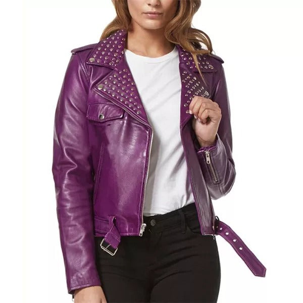 Rockstar Ladies Purple Studded Rock Chic Biker Leather Jacket Leathers Crafted