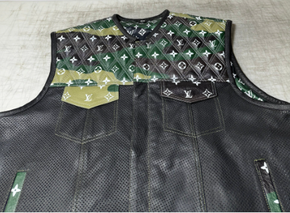 Custom Men’s Leather Biker Vest – Green Patterned Motorcycle Vest