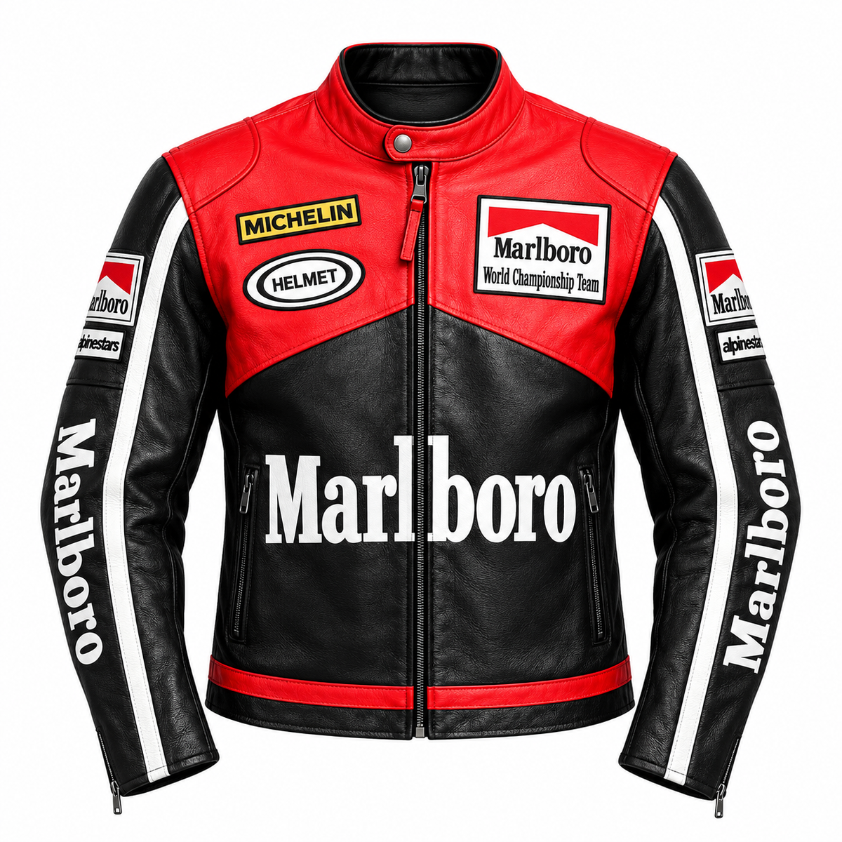 A black and red leather motorcycle jacket featuring prominent Marlboro and Michelin branding, displayed on a clean white background.