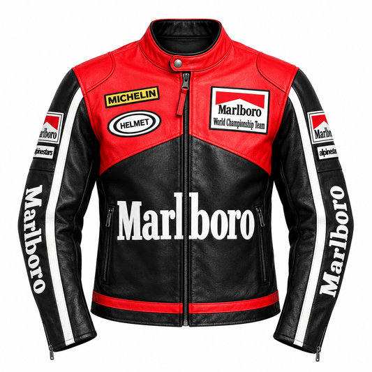 A black and red leather motorcycle jacket featuring prominent Marlboro and Michelin branding, displayed on a clean white background.