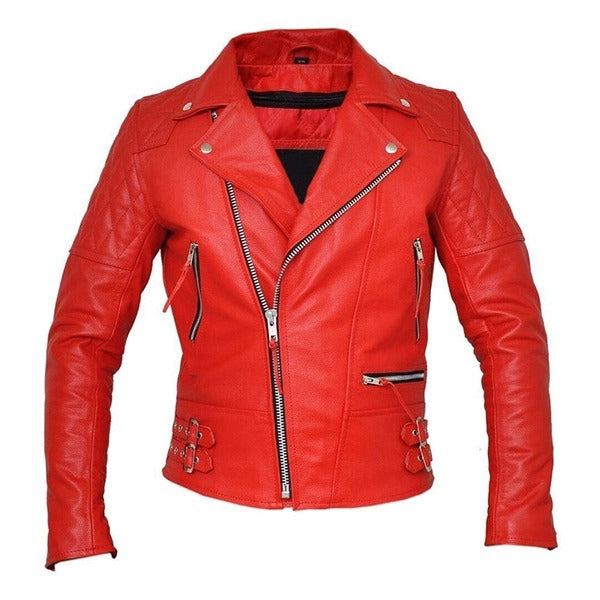 Women’s red leather biker jacket with quilted shoulders, asymmetric zip and buckle detailing by Leathers Crafted