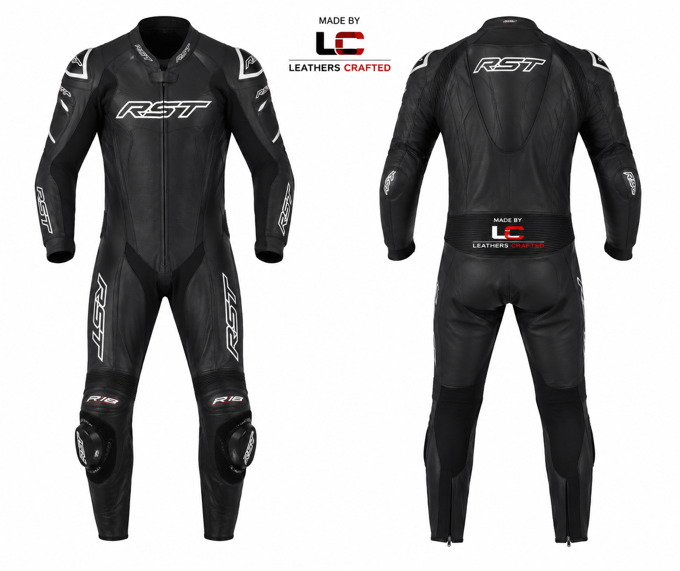RST Style All-Black Motorcycle Racing Leather Suit – Premium CE Armored One-Piece Track & Street Riding Suit | Leathers Crafted