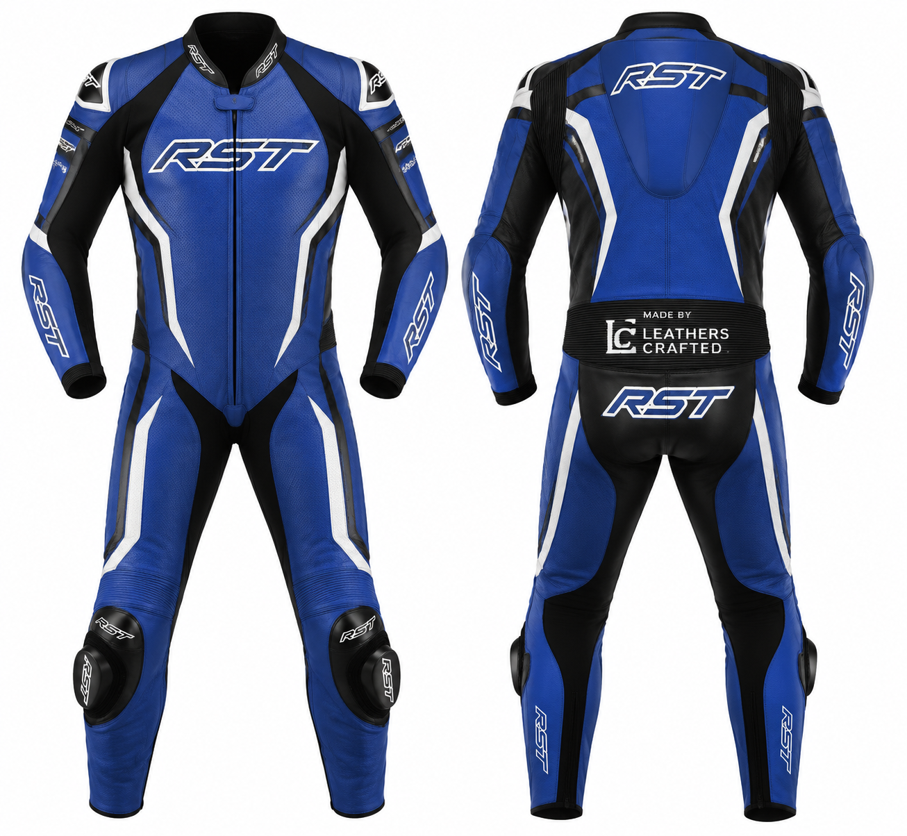 RST Style Blue & Black One-Piece Motorcycle Racing Leather Suit | Premium CE Armored Track Suit