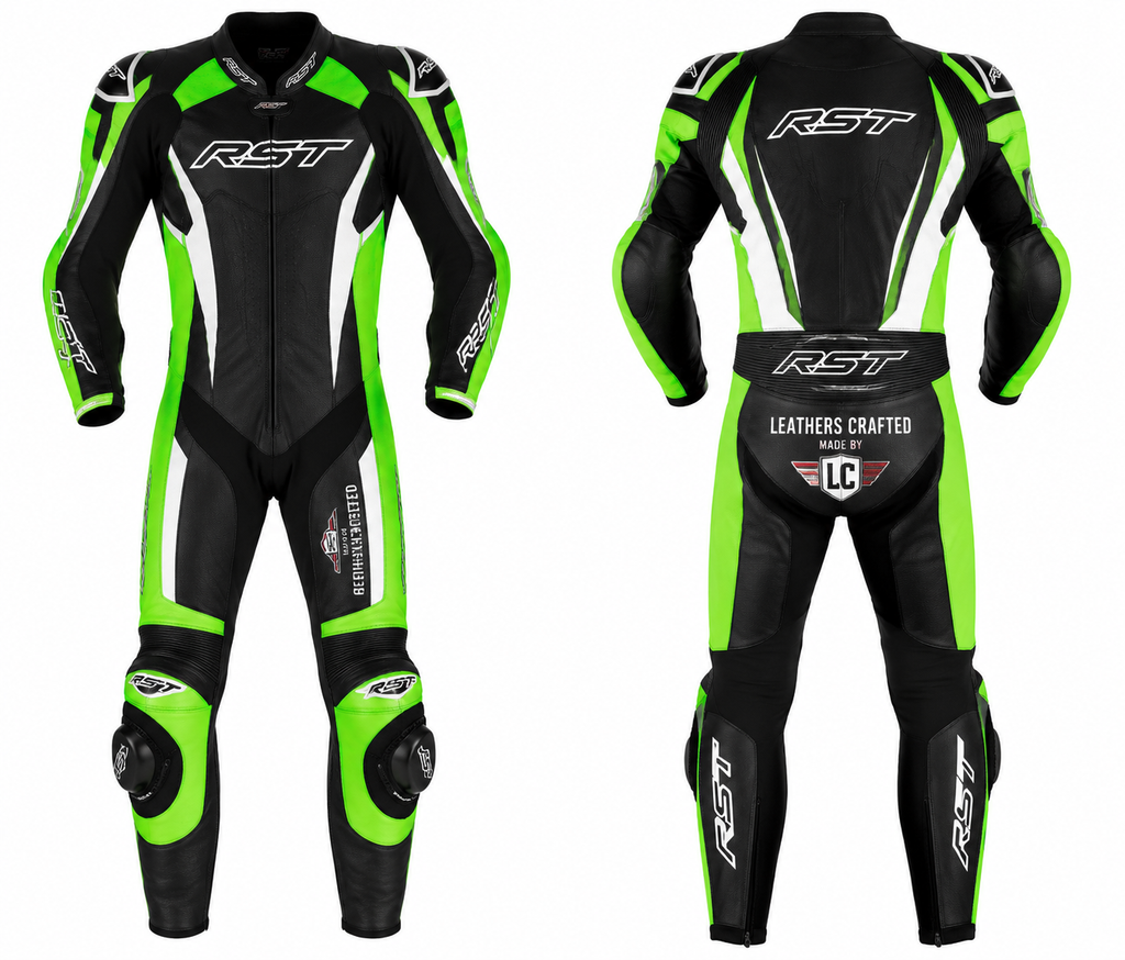 RST Style Green & Black One-Piece Motorcycle Racing Leather Suit | Premium CE Armored Track Suit