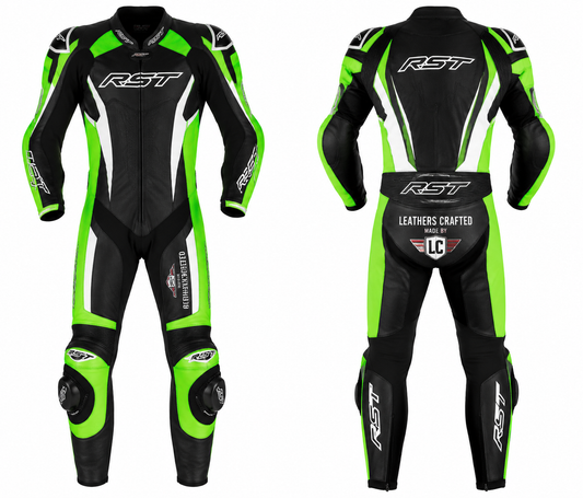 RST Style Green & Black One-Piece Motorcycle Racing Leather Suit | Premium CE Armored Track Suit