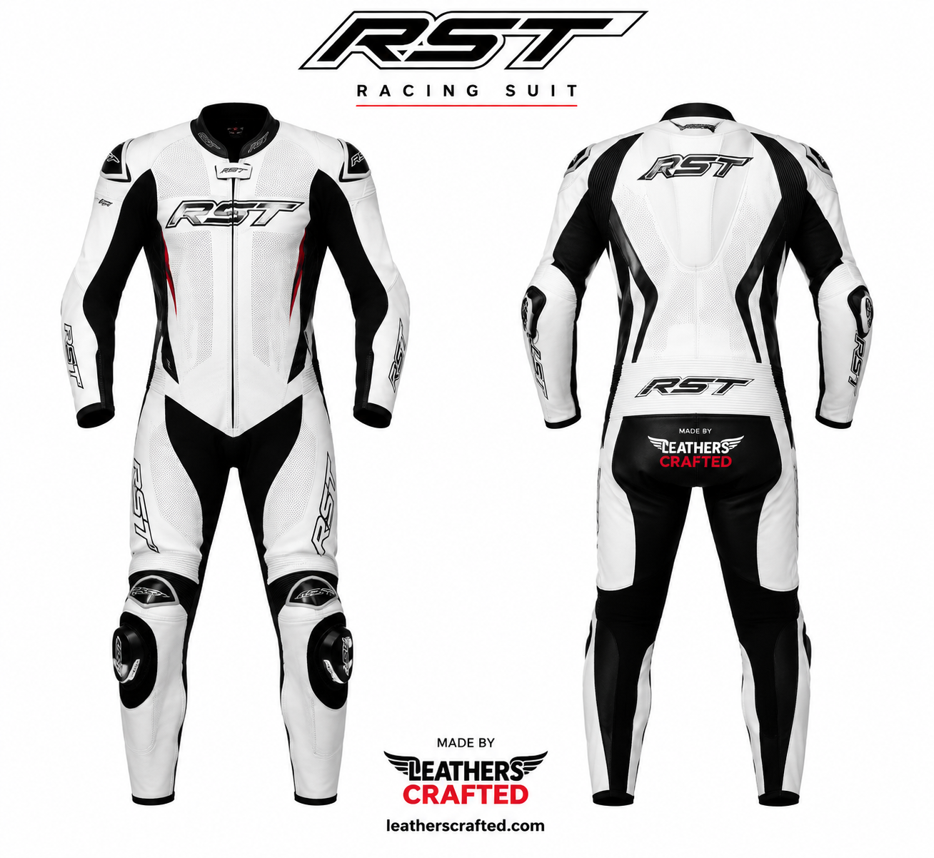 RST Style White & Black Motorcycle Racing Leather Suit – Premium CE Armored One-Piece Track Day Riding Suit | Leathers Crafted