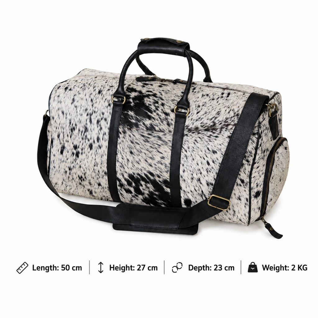 Speckled Black & White Cowhide Duffel Bag – Hair-On Leather Travel Bag