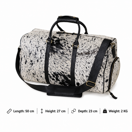 Speckled Black & White Cowhide Duffel Bag – Hair-On Leather Travel Bag