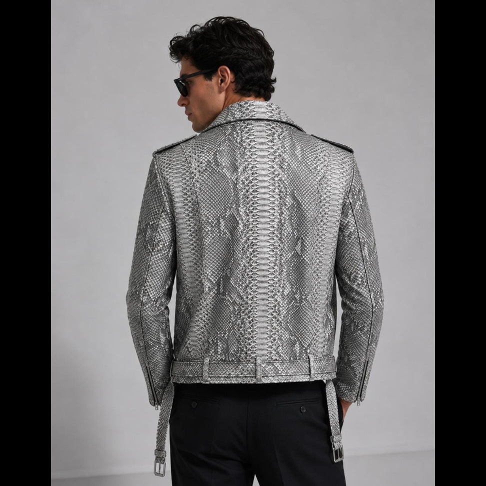 Man wearing a snake print jacket against a gray background