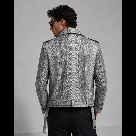 Man wearing a snake print jacket against a gray background