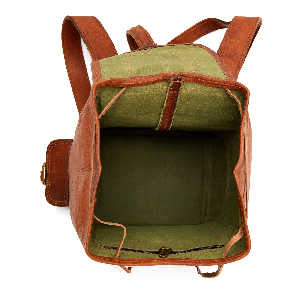 Vintage brown leather backpack with multiple pockets and adjustable straps