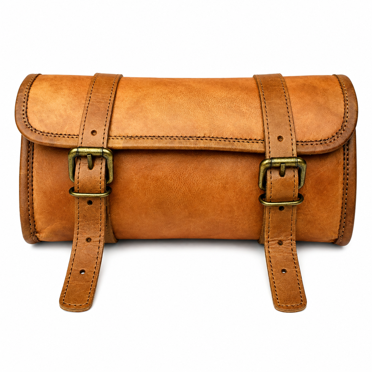Vintage brown leather tool roll bag with buckle straps