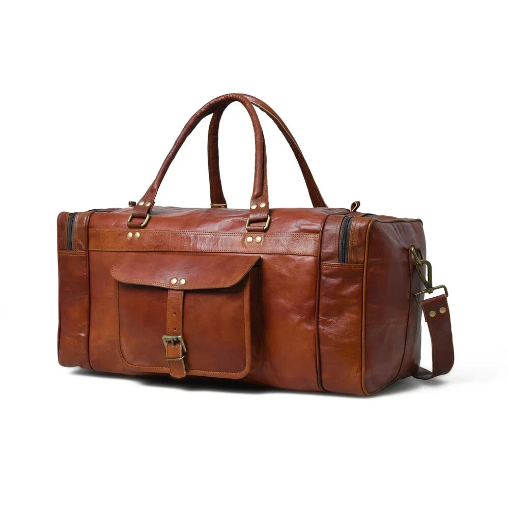 Vintage brown leather duffle bag with shoulder strap and front buckle pocket