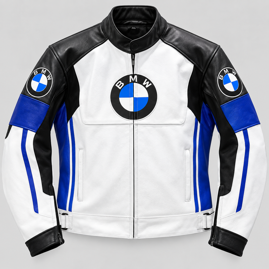 A white, black, and blue leather motorcycle jacket featuring prominent BMW roundel logos on the chest and both sleeves, displayed against a neutral gray background.